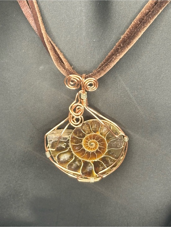 Jewelry - Ammonite Fossil Pendant Necklace Wire Wrapped Copper Tone Handmade Artisan Boho
